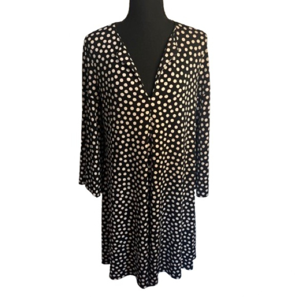 Julian Taylor Sz 10 Black Tan Polkadot Dress Keyhole Front Bell 3/4 Sleeve
